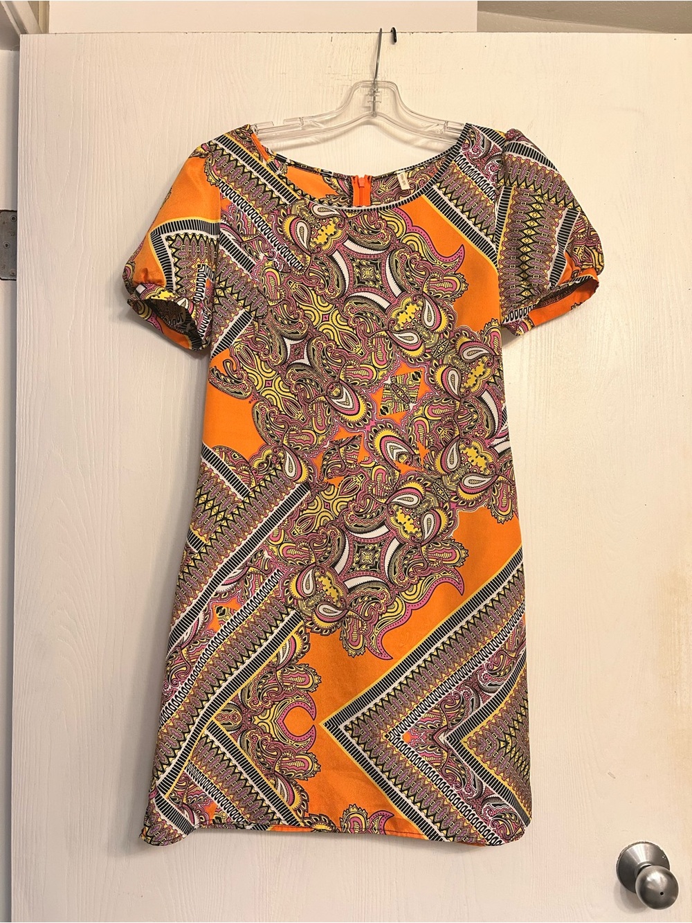 Hello Miss Brilliant Orange Print Shift Mini Dress Retro Vintage 70s Hippie Sz S